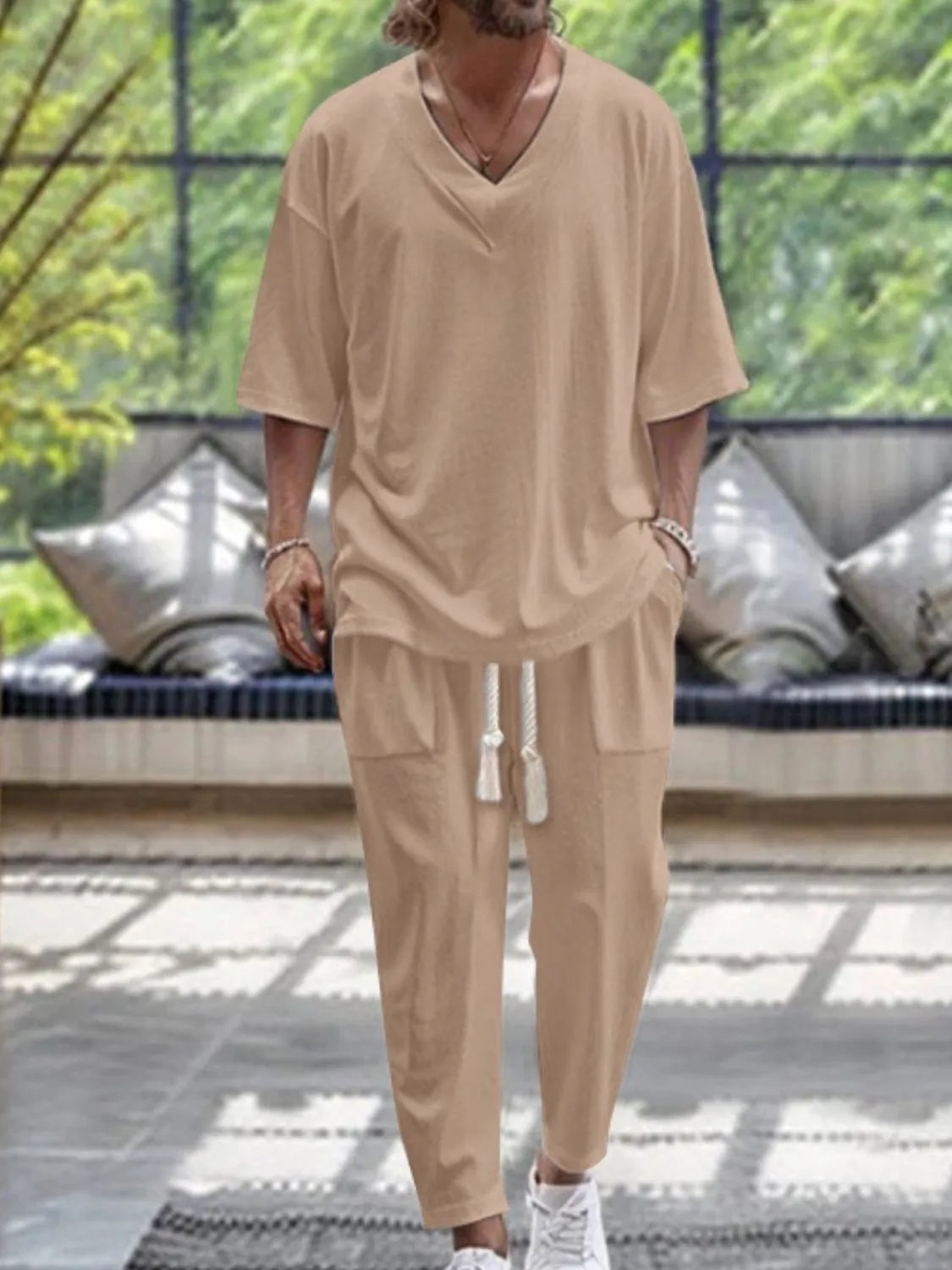 Men's V-Neck Half Sleeve Top and Pants Set - kinko