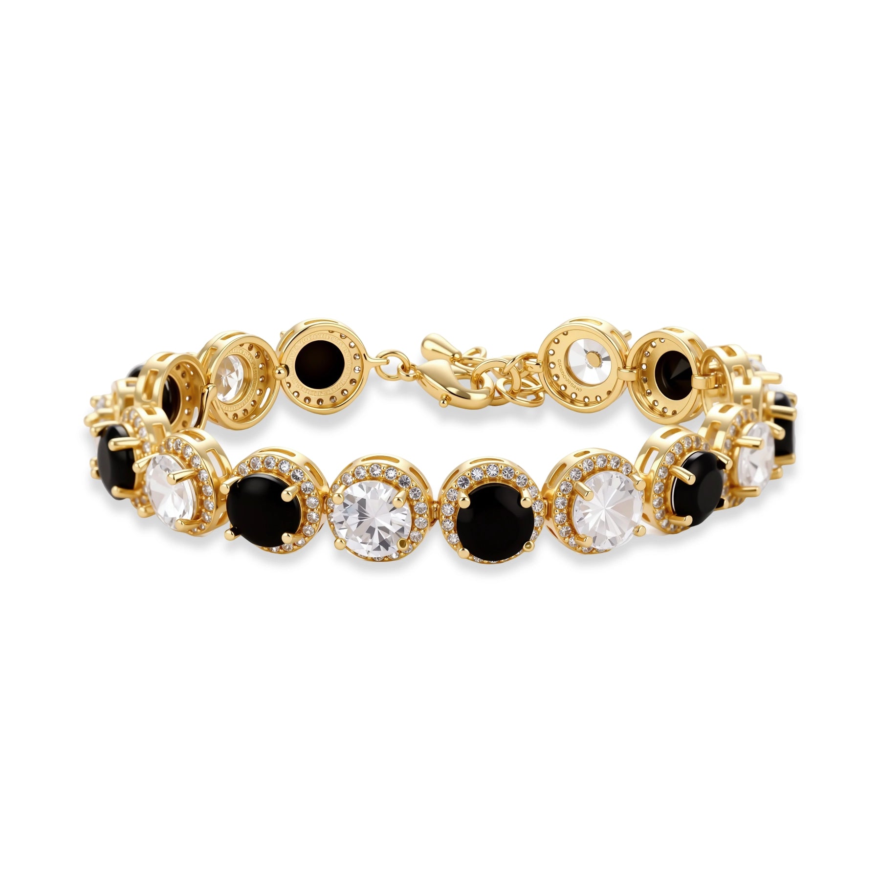 Gold-plated jewelry set with alternating black and clear cubic zirconia stones, featuring necklace, earrings and bracelet