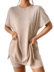 Slit Round Neck Short Sleeve Oversized Top and Shorts Set - kinko
