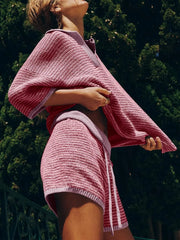 Collared Neck Contrast Striped Top and Shorts Sweater Set - kinko