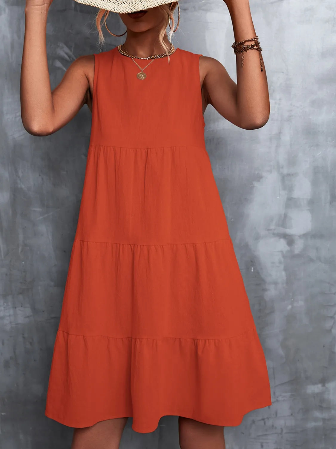 Tiered Round Neck Sleeveless Mini Tank Dress - kinko