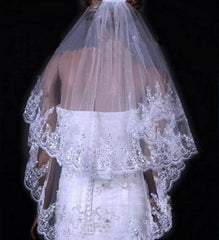 Bridal Sequined Polyester Veil Face Cover Two Layers Lace Sideband - kinko