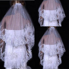 Bridal Sequined Polyester Veil Face Cover Two Layers Lace Sideband - kinko