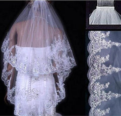 Bridal Sequined Polyester Veil Face Cover Two Layers Lace Sideband - kinko
