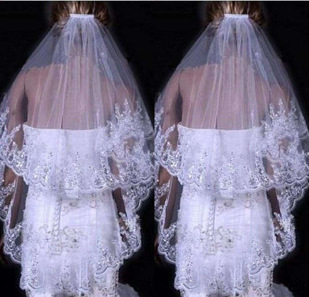 Bridal Sequined Polyester Veil Face Cover Two Layers Lace Sideband - kinko