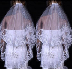 Bridal Sequined Polyester Veil Face Cover Two Layers Lace Sideband - kinko