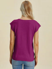 Double Take Full Size Notched Cap Sleeve Knit Top - kinko