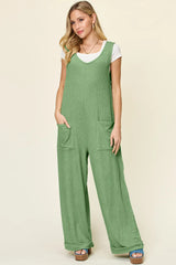 Double Take Full Size Texture Sleeveless Wide Leg Jumpsuit - kinko