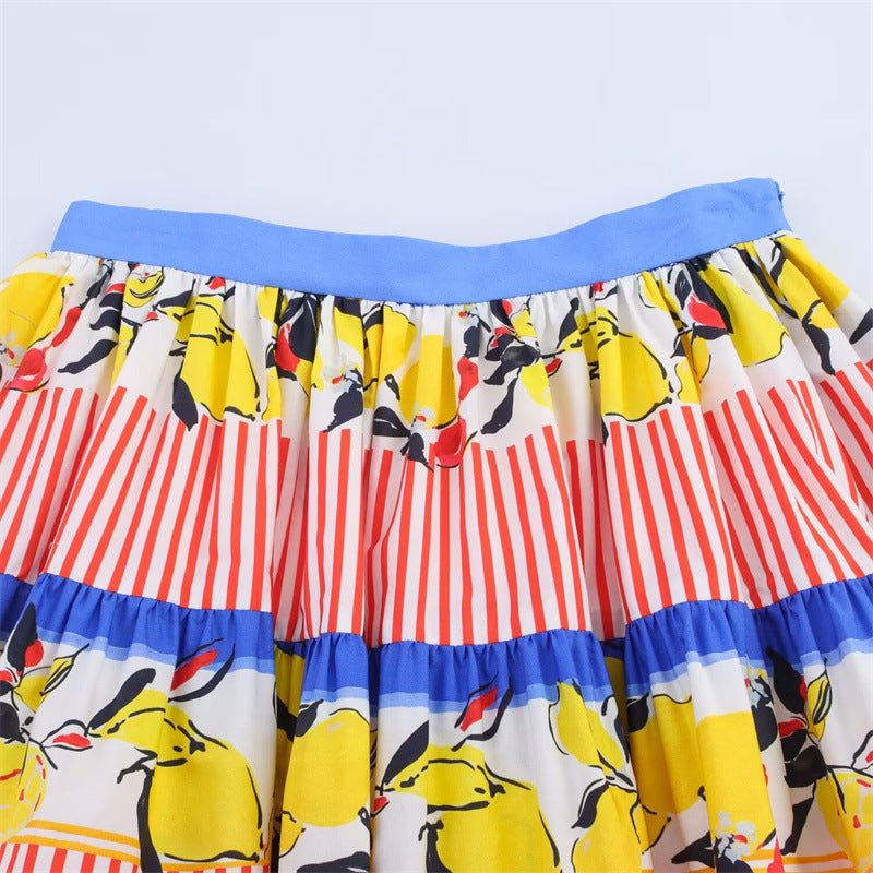 New Summer Contrast Color Lemon Printing Skirt - kinko