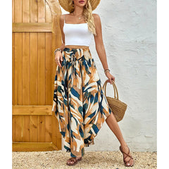 Women's High Elastic Waist Midi Skirt Casual Summer Trendy Tie Front Flowy Floral Print Beach Long Skirt - kinko