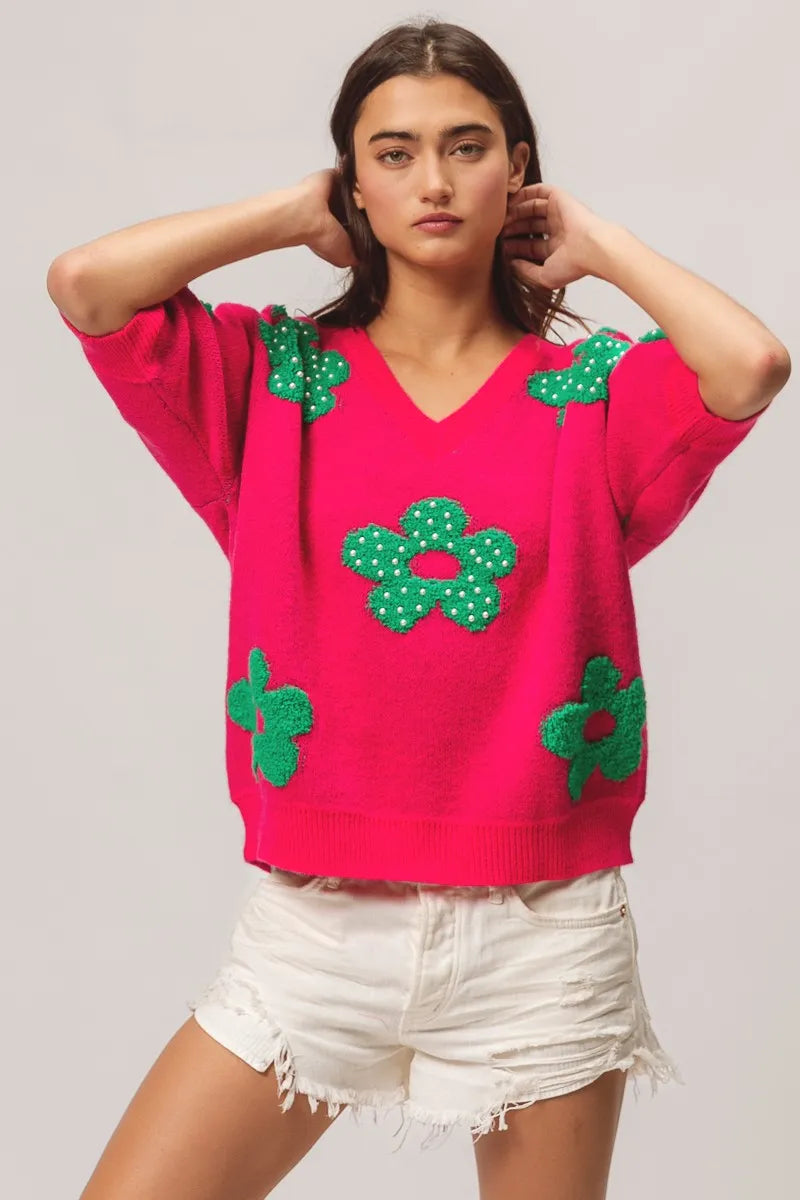 BiBi Pearl Beads Flowers Sweater Top - kinko