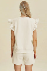 Double Take Full Size Texture Round Neck Ruffle Sleeve Top and Shorts Set - kinko