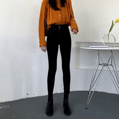 Fleece high waist jeans women's feet fall and winter