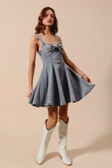 SO ME Mineral Washed Bow Ribbon Denim Flare Dress - kinko