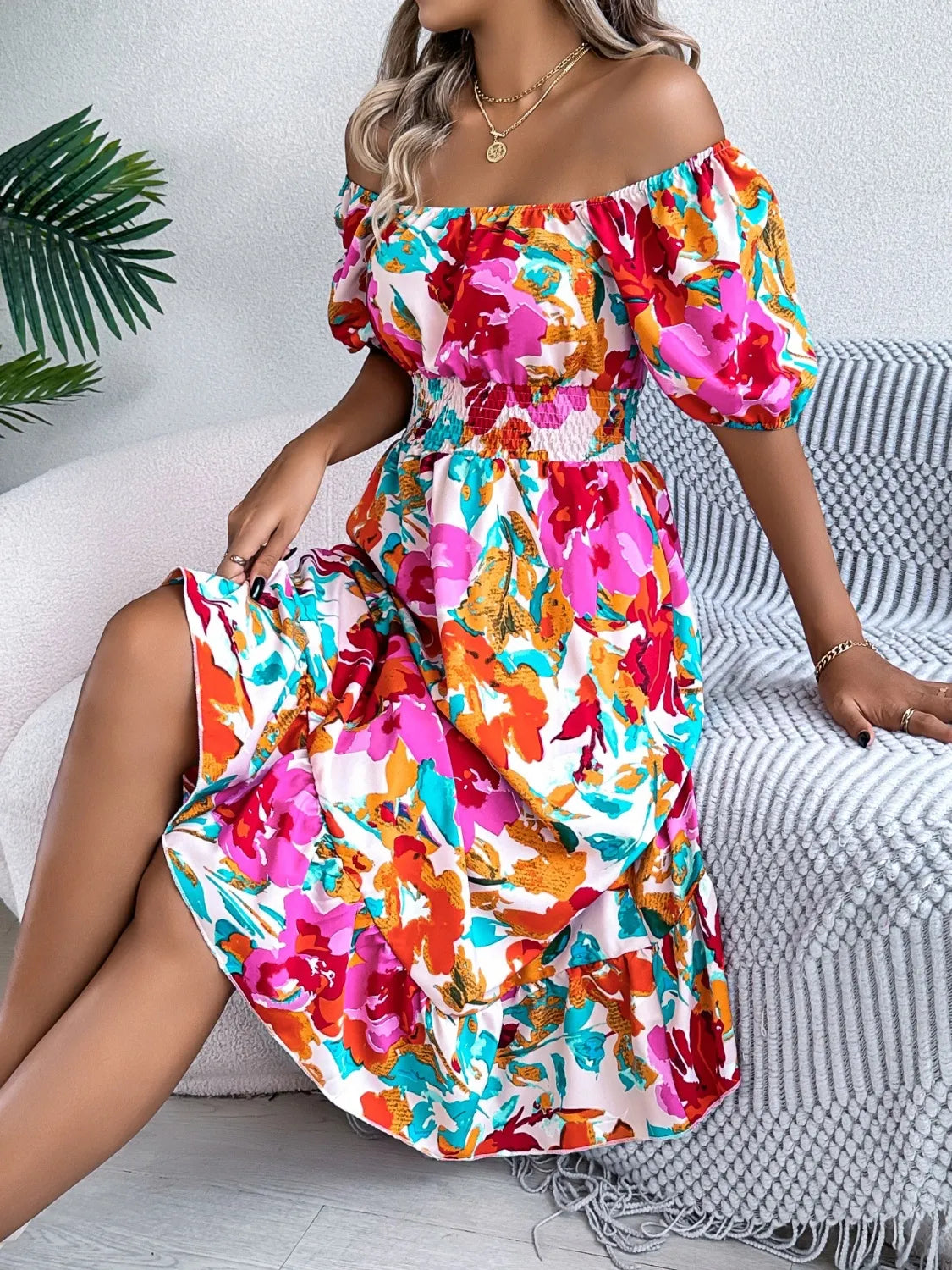 Ruffled Hem Smocked Floral Short Sleeve Midi Dress - kinko