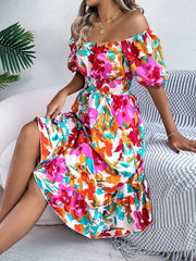 Ruffled Hem Smocked Floral Short Sleeve Midi Dress - kinko