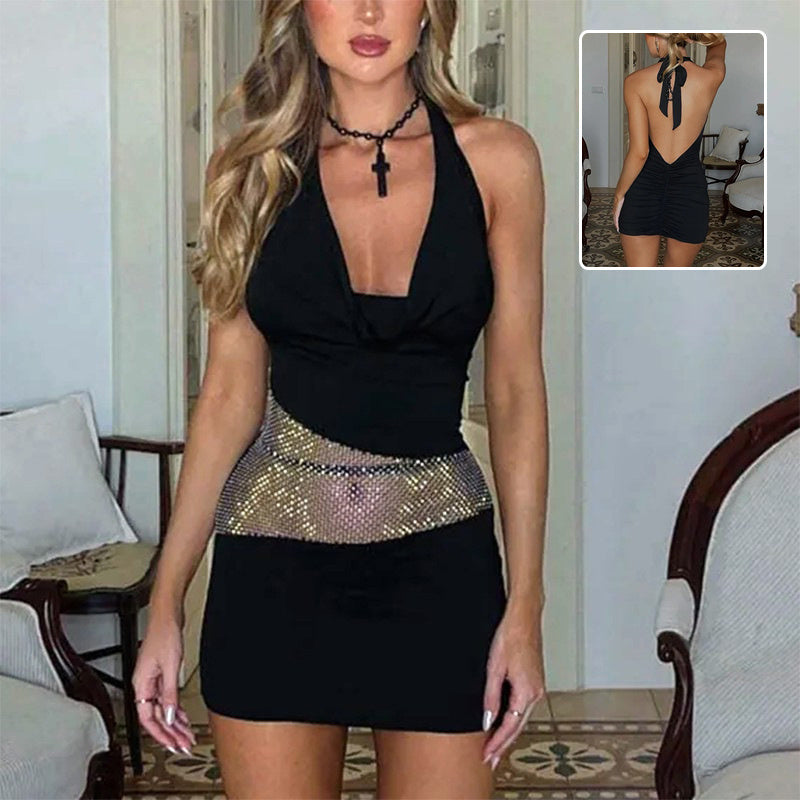 Sexy Slim Deep U-neck Dress With Sequin Mesh Patchwork Design Ins Fashion Halter Short Dresses Women's Clothing - kinko