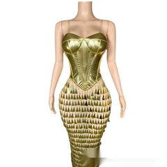 Golden Bright Surface Bandage Design Tight Waist Slimming Mermaid Day Formal Dress - kinko