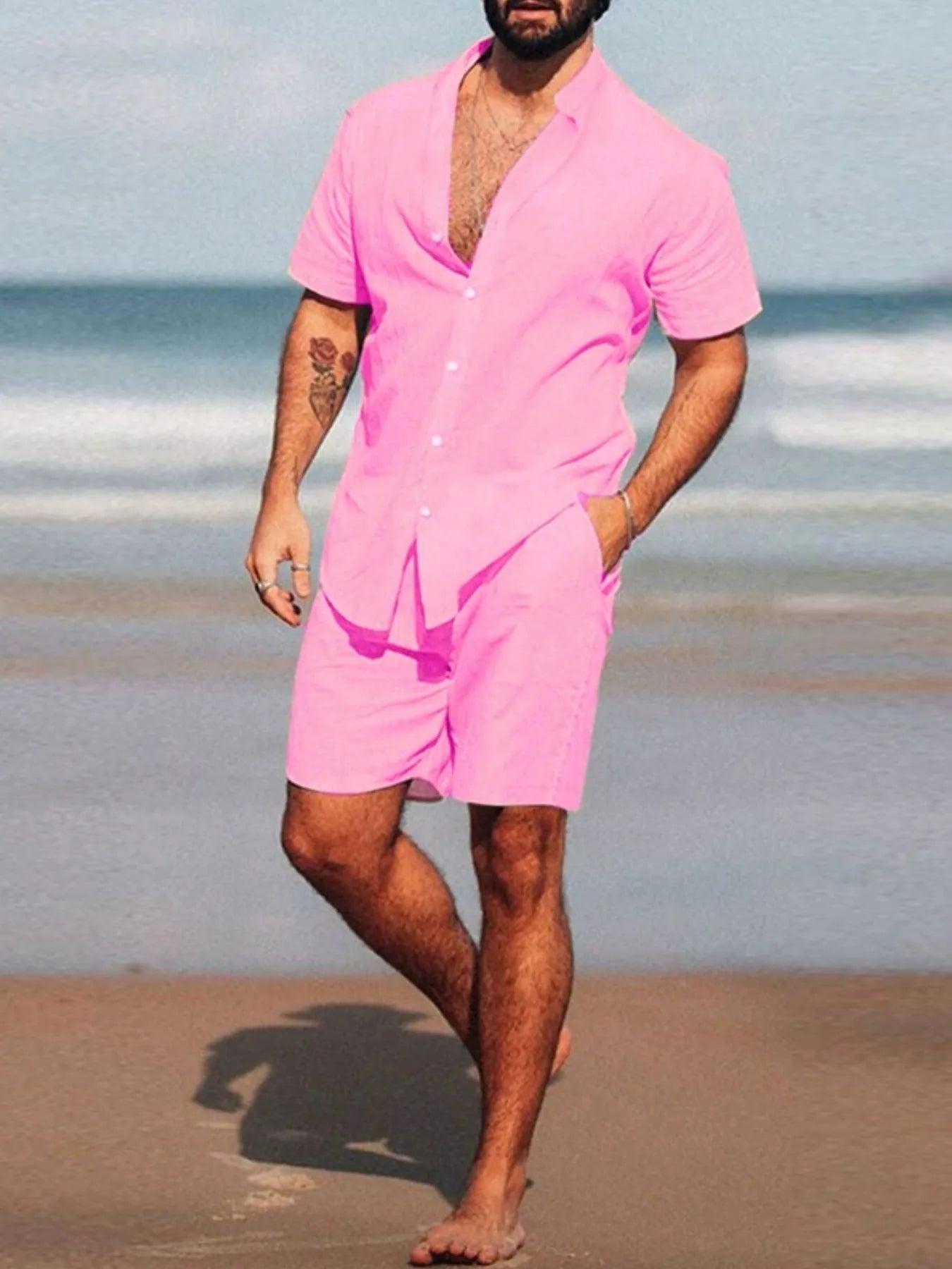 Men's Full Size Short Sleeve Shirt and Shorts Set Plus Size - kinko