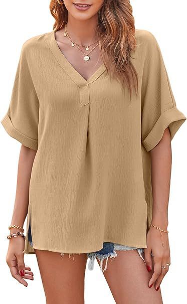 Spring And Summer Solid Color Short Sleeve Loose Blouse - kinko