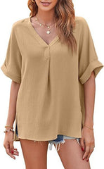 Spring And Summer Solid Color Short Sleeve Loose Blouse - kinko