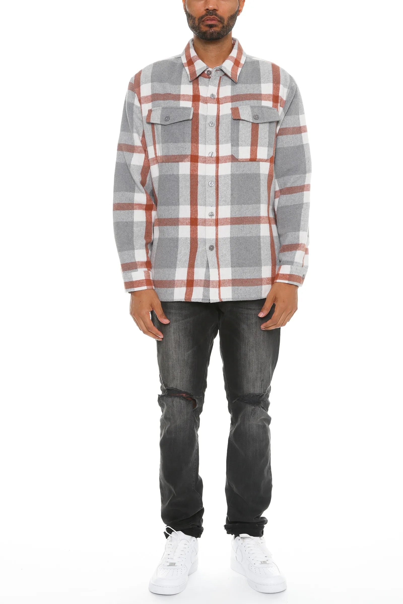 WEIV Men's Full Size Checkered Soft Flannel Shacket Plus Size - kinko