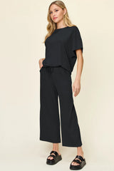 Double Take Full Size Texture Round Neck Short Sleeve T-Shirt and Wide Leg Pants - kinko
