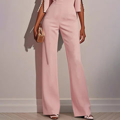 Women's Elegant Round Neck Jumpsuit - Mid-Sleeve With Side Slit Cuffs & Pearl Accents, Back Zipper Design For Casual To Formal Events - kinko