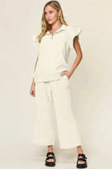 Double Take Texture Ruffle Short Sleeve Top and Drawstring Wide Leg Pants Set - kinko