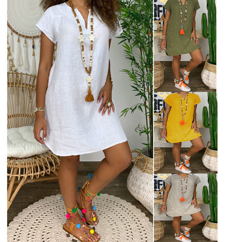 Womens Summer Casual Solid Color V Neck Short Sleeve Dresses Boho Beach Sundresses - kinko