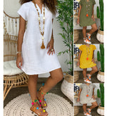 Womens Summer Casual Solid Color V Neck Short Sleeve Dresses Boho Beach Sundresses - kinko