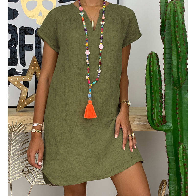 Womens Summer Casual Solid Color V Neck Short Sleeve Dresses Boho Beach Sundresses - kinko