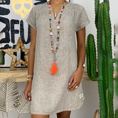 Womens Summer Casual Solid Color V Neck Short Sleeve Dresses Boho Beach Sundresses - kinko