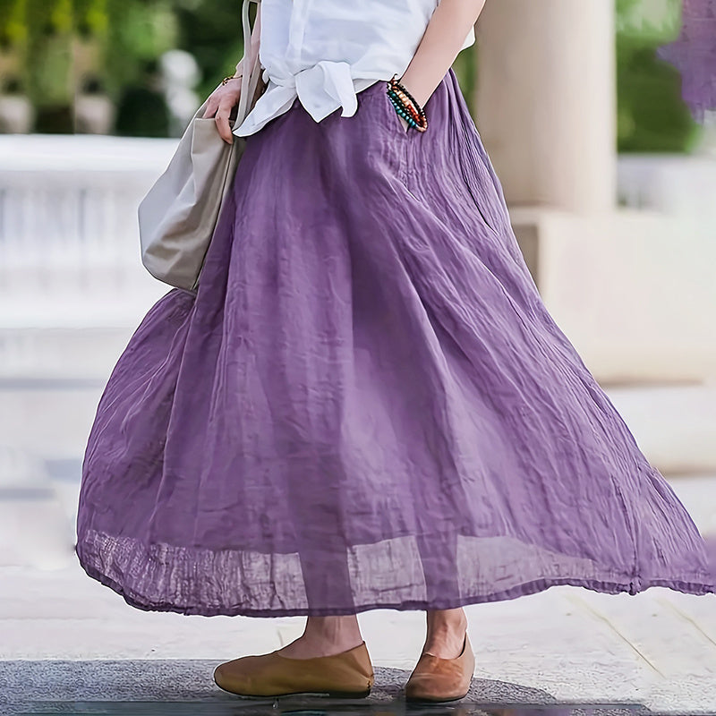 Women Bohemian Beach A-Line Dress Elastic Waist Flowy Long Maxi Skirt With Pockets - kinko