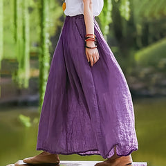 Women Bohemian Beach A-Line Dress Elastic Waist Flowy Long Maxi Skirt With Pockets - kinko