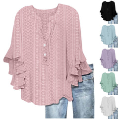 Printed Casual Trend V-neck Flounce Sleeve T-shirt - kinko