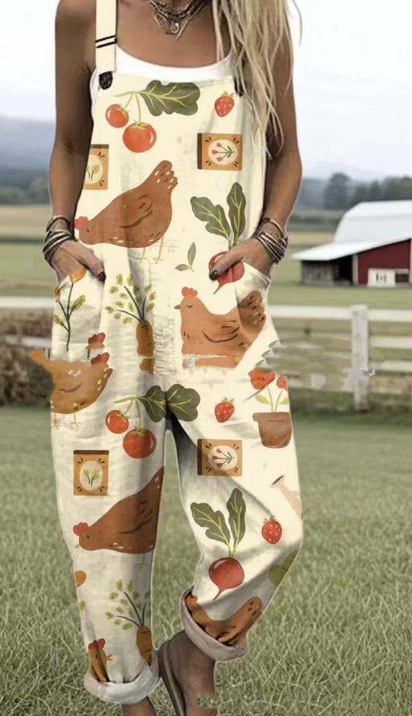 Printed Pocket Women's Suspender Trousers - kinko