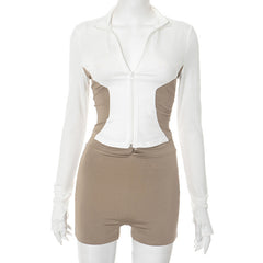 Stand Collar Color Contrast Patchwork Long Sleeve Shorts Two-piece Suit - kinko