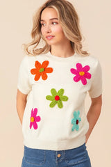 BiBi Crochet Flower Patch Sweater Top - kinko