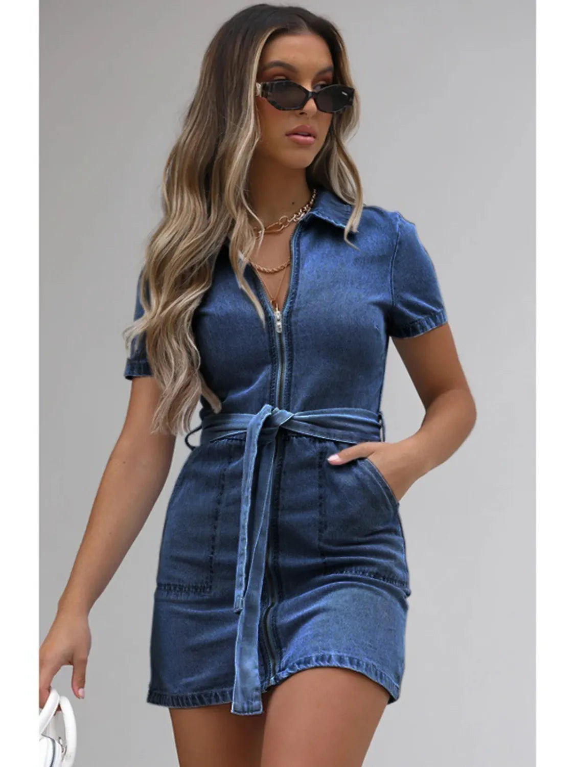 Full Size Zip Front Short Sleeve Denim Dress Plus Size - kinko