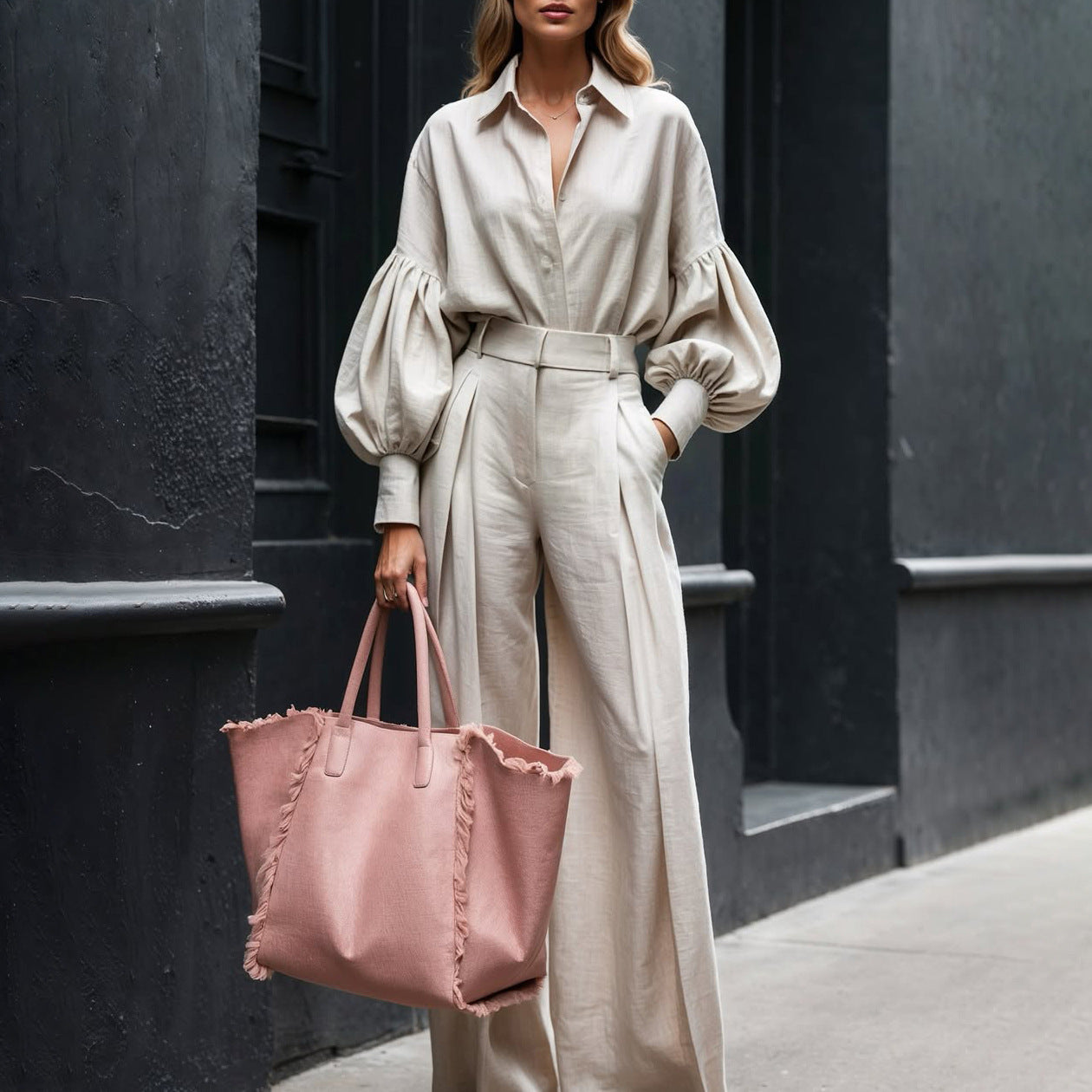 Long-sleeved Shirt Wide-leg Pants Cotton And Linen Two-piece Suit - kinko