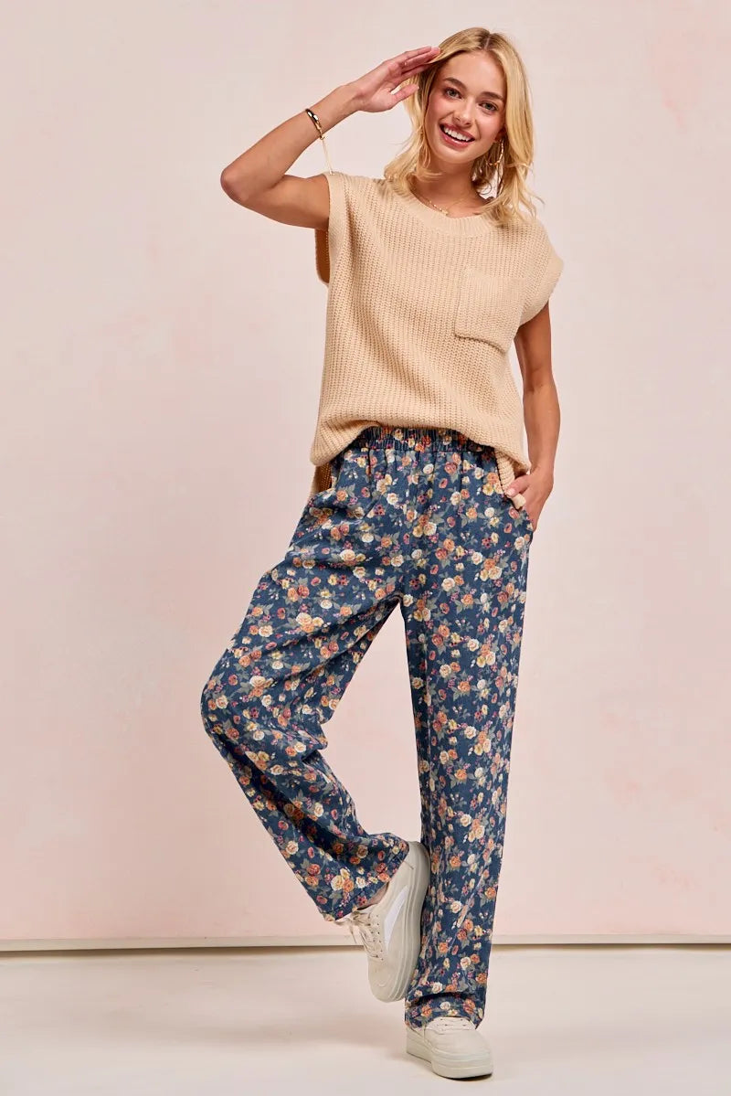 BiBi Washed Floral Print Wide Leg Jeans - kinko