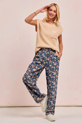 BiBi Washed Floral Print Wide Leg Jeans - kinko