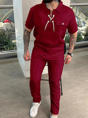 Men's Full Size Lace Up Short Sleeve Top and Pants Plus Size - kinko
