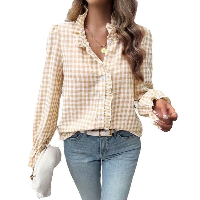 Women's French-style Plaid Shirt With Wooden Ears - kinko
