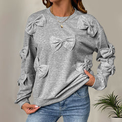 Lässiges Herbst-Sweatshirt mit Schleifenstickerei, grau, Rundhalsausschnitt