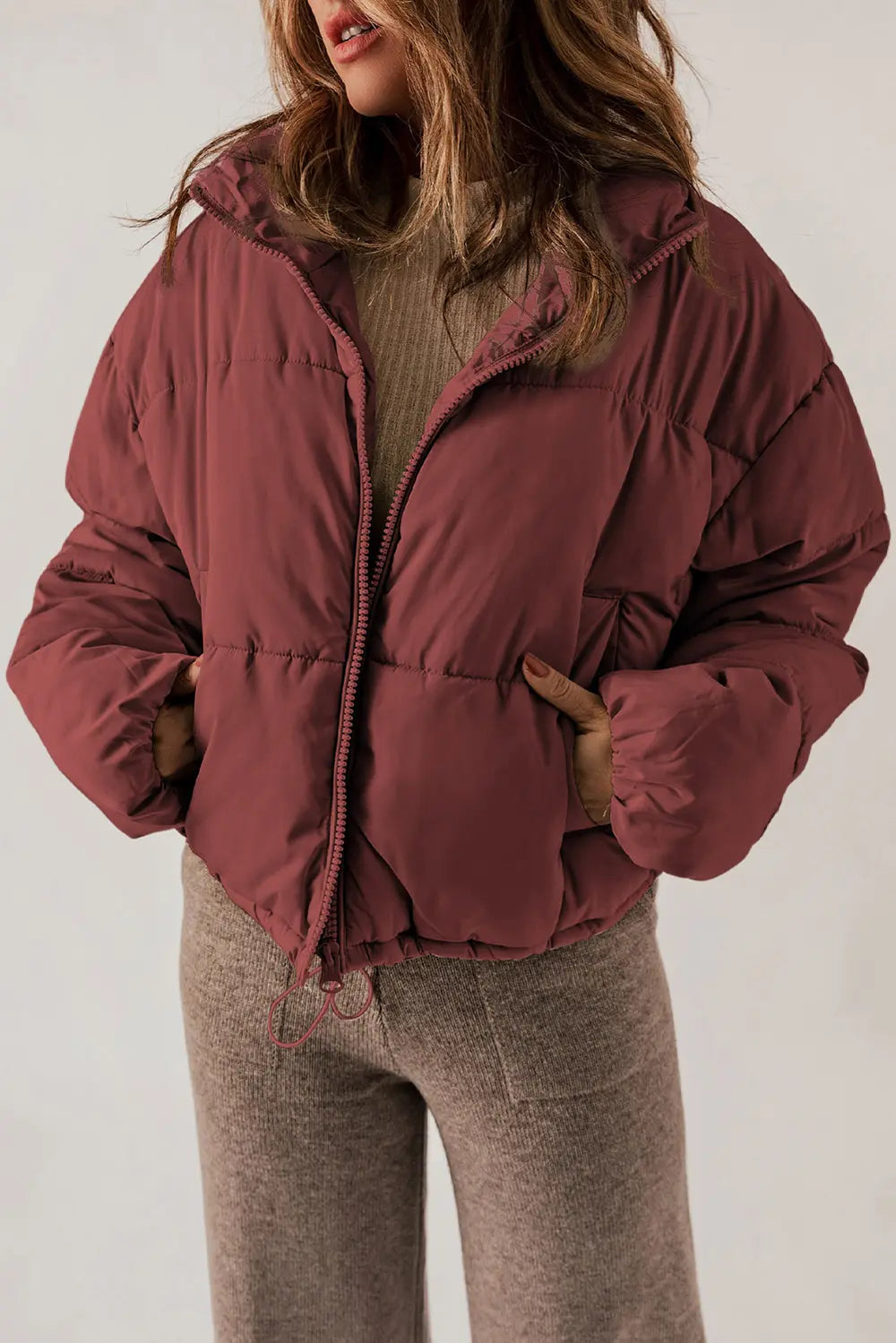 Zip Up Collared Neck Long Sleeve Winter Coat - kinko