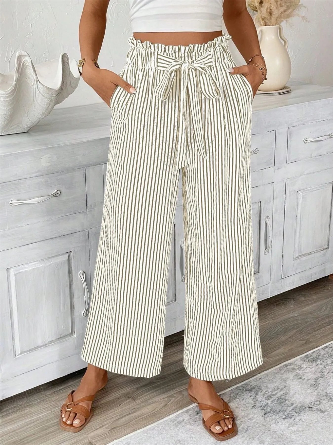 Full Size Striped Wide Leg Paper Bag Pants Plus Size - kinko