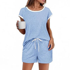 Short Sleeve Color-block Crew Neck Top Waist Drawstring Suit - kinko