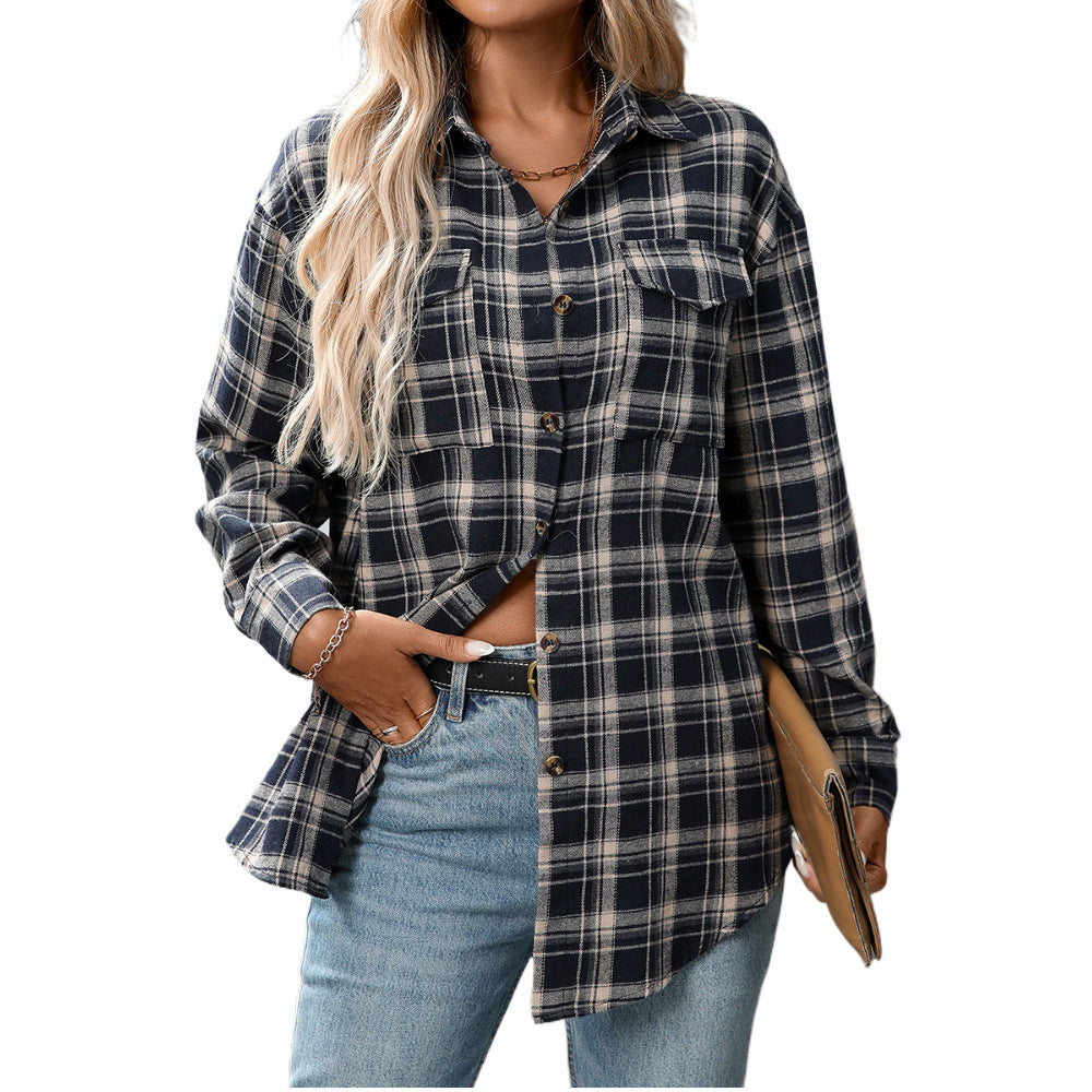 Casual Fashion Loose Plaid Pocket Shirt For Women - kinko